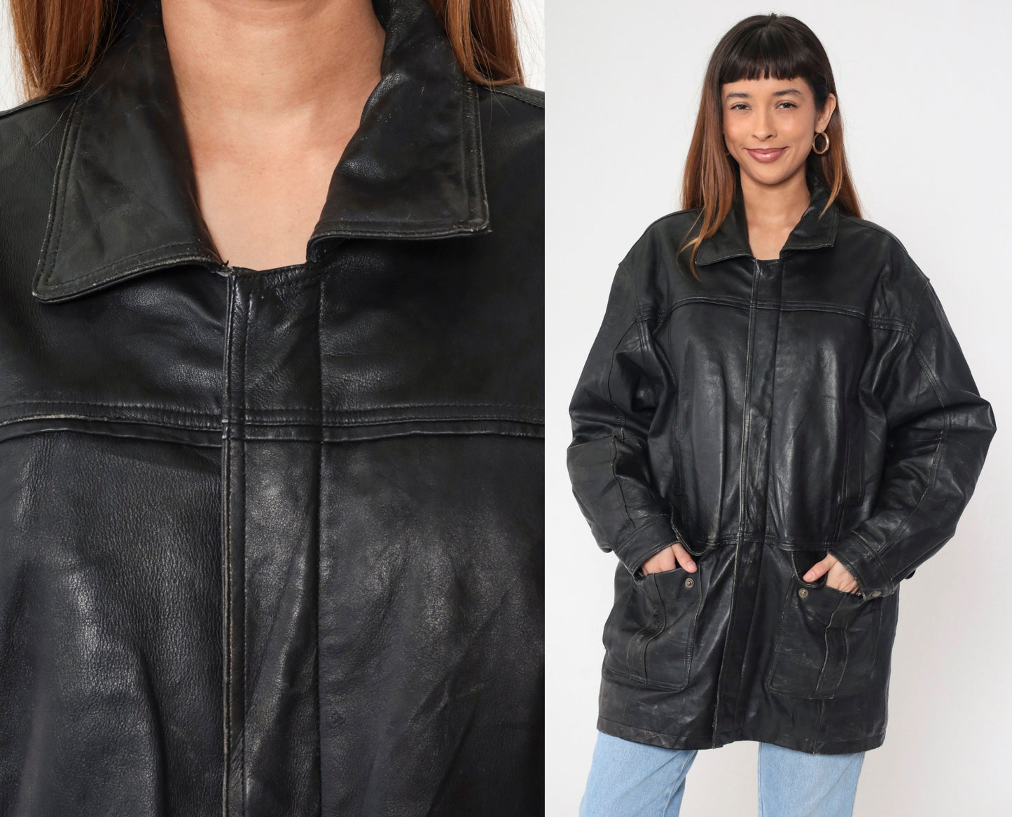 90s Black Deerskin Leather Coat Cargo Pockets Zip Snap Longline Large L