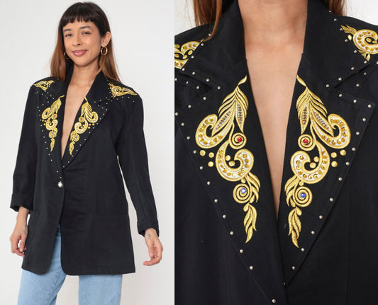 90s Black Blazer Gold Embroidered Rhinestone Studs Single Button Medium