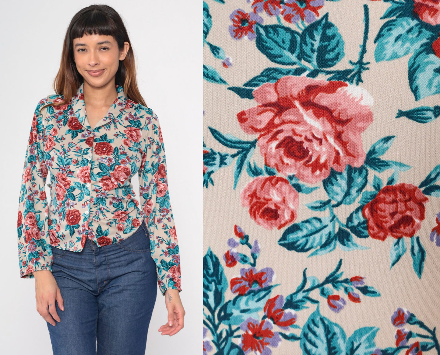 70s Floral Print Button-Up Blouse Taupe Pink Blue Long Sleeve Collar Medium