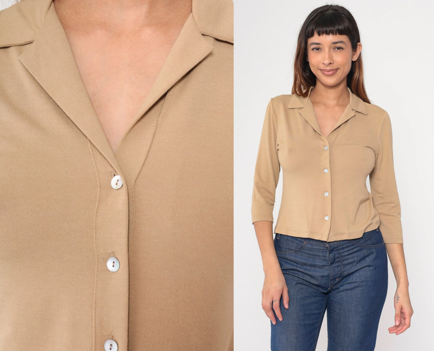 90s Tan Button-Up Blouse Collared 3/4 Sleeve Shirt Small S