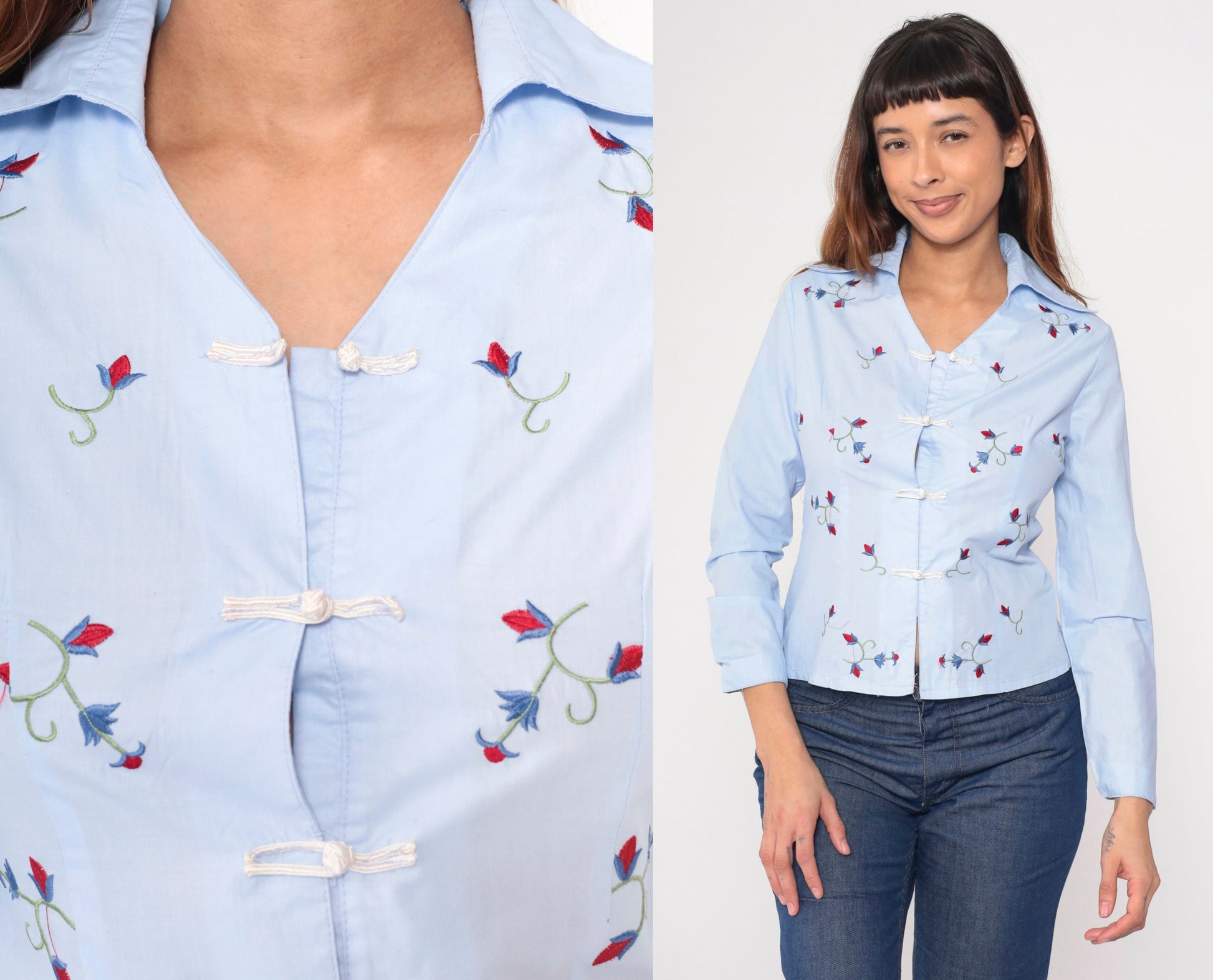 90s Light Blue Floral Embroidered Button-Up Blouse Chinese Knot Long Sleeve Small S