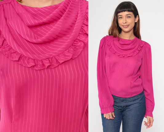 80s Fuchsia Cowl Neck Blouse Striped Puff Sleeve Keyhole Back Small