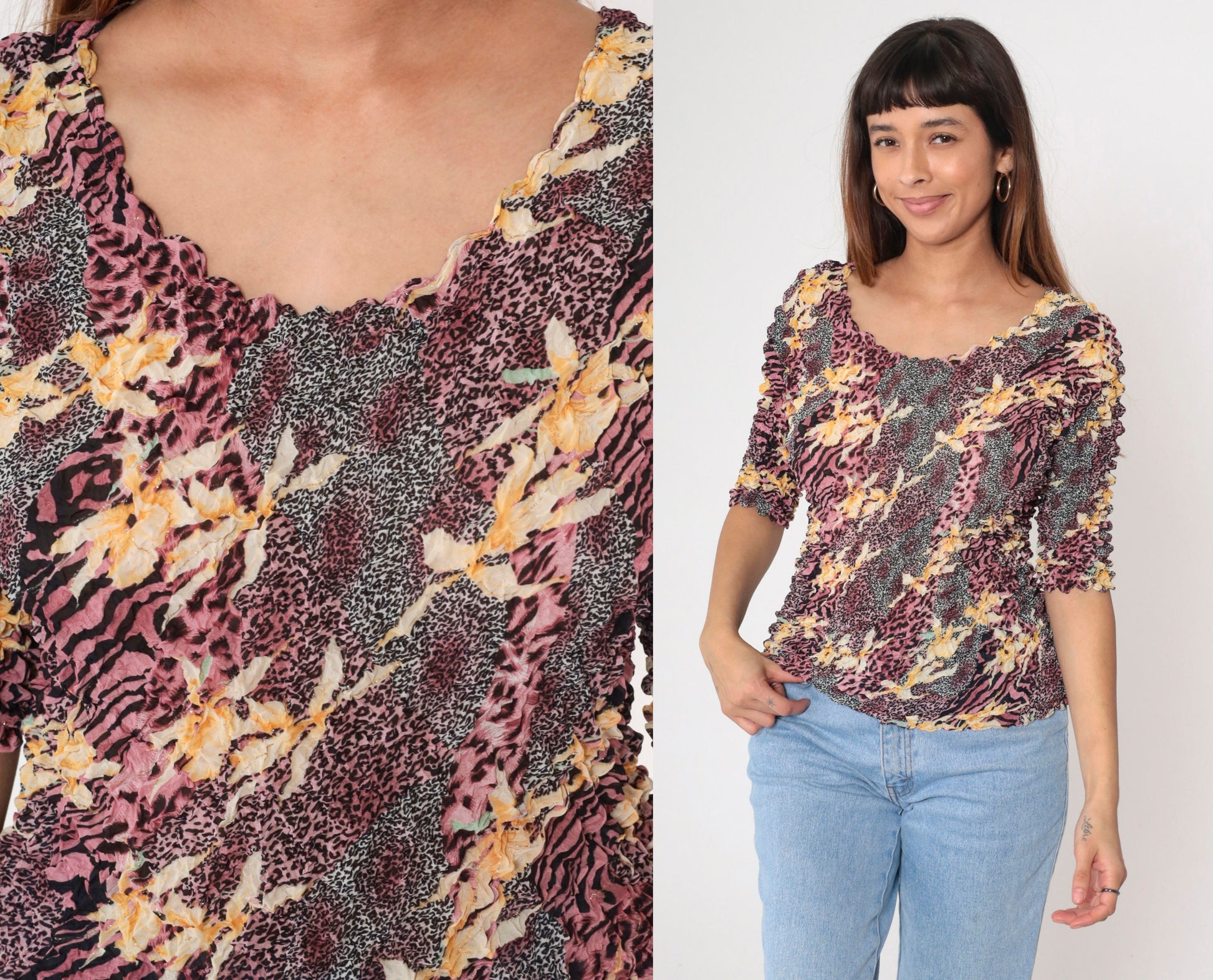 Y2K Popcorn Shirt Floral Animal Print Gold Metallic Textured Blouse Pink Black XS-M