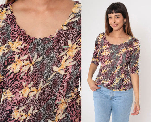 Y2K Popcorn Shirt Floral Animal Print Gold Metallic Textured Blouse Pink Black XS-M