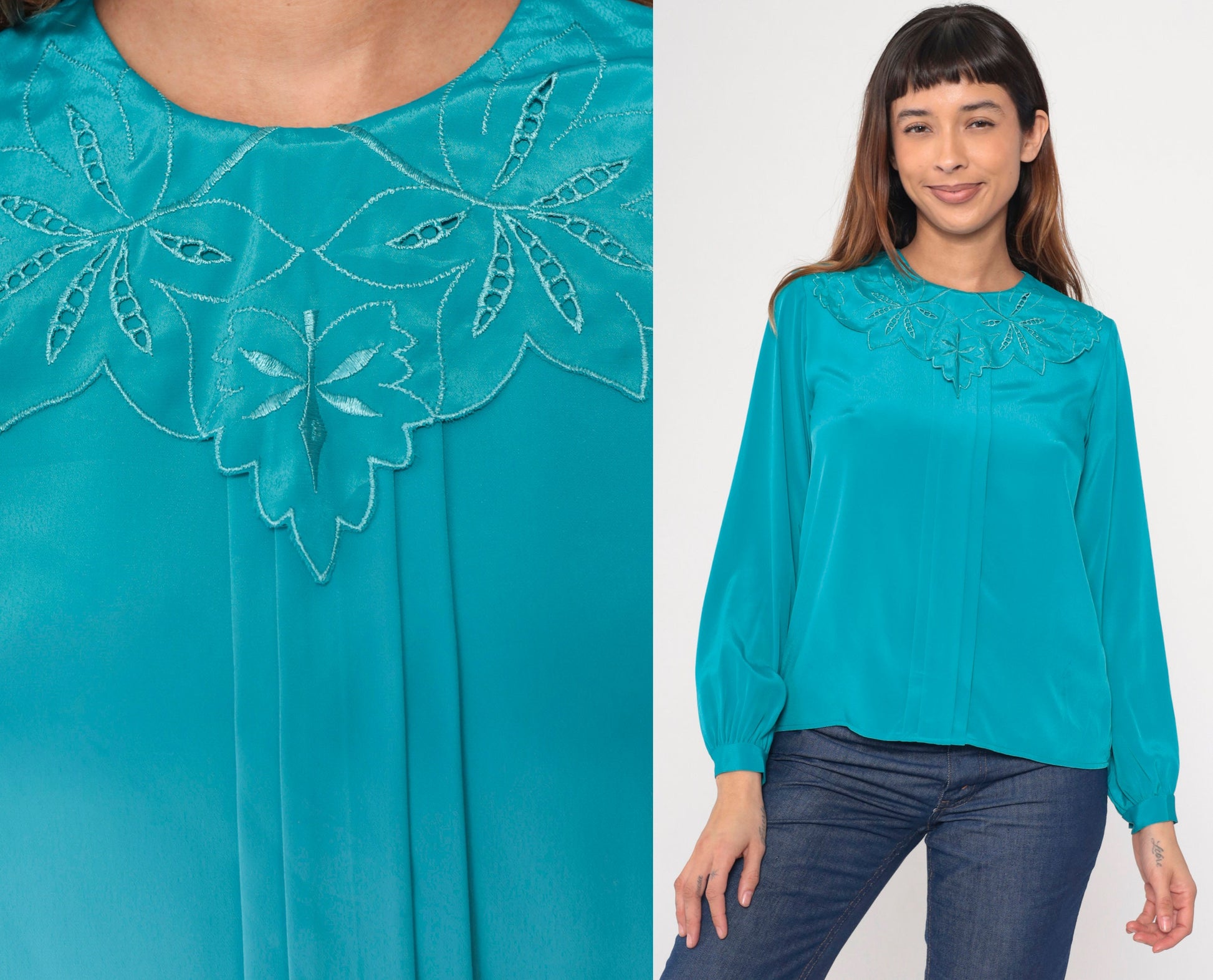 80s Teal Embroidered Cutwork Collar Blouse Button-Back Long Sleeve Small