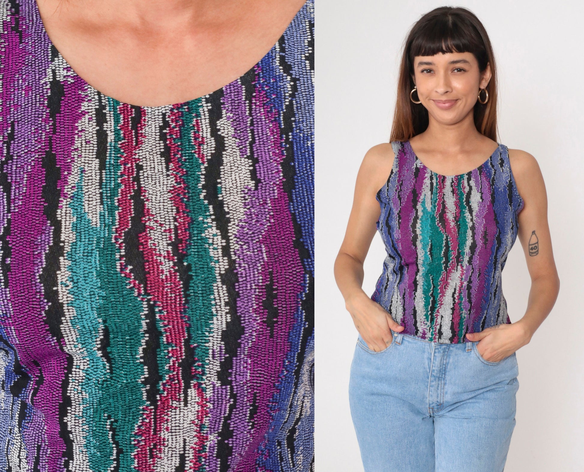 90s Abstract Print Tank Top Purple Turquoise Green Scoop Neck Small