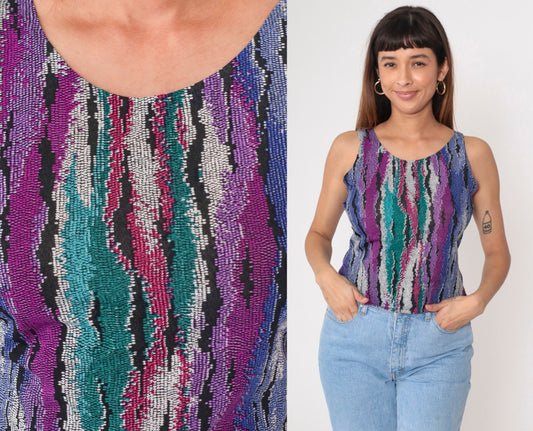 90s Abstract Print Tank Top Purple Turquoise Green Scoop Neck Small