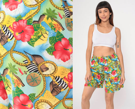 90s Hawaiian Print Shorts Pirate Ship Hibiscus Elastic Waist Small