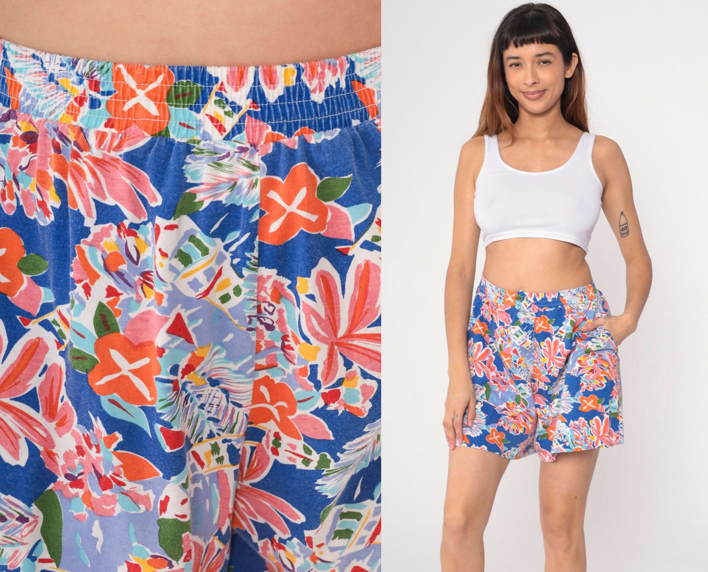 90s Tropical Floral Abstract Cotton Shorts High Waist Small Medium