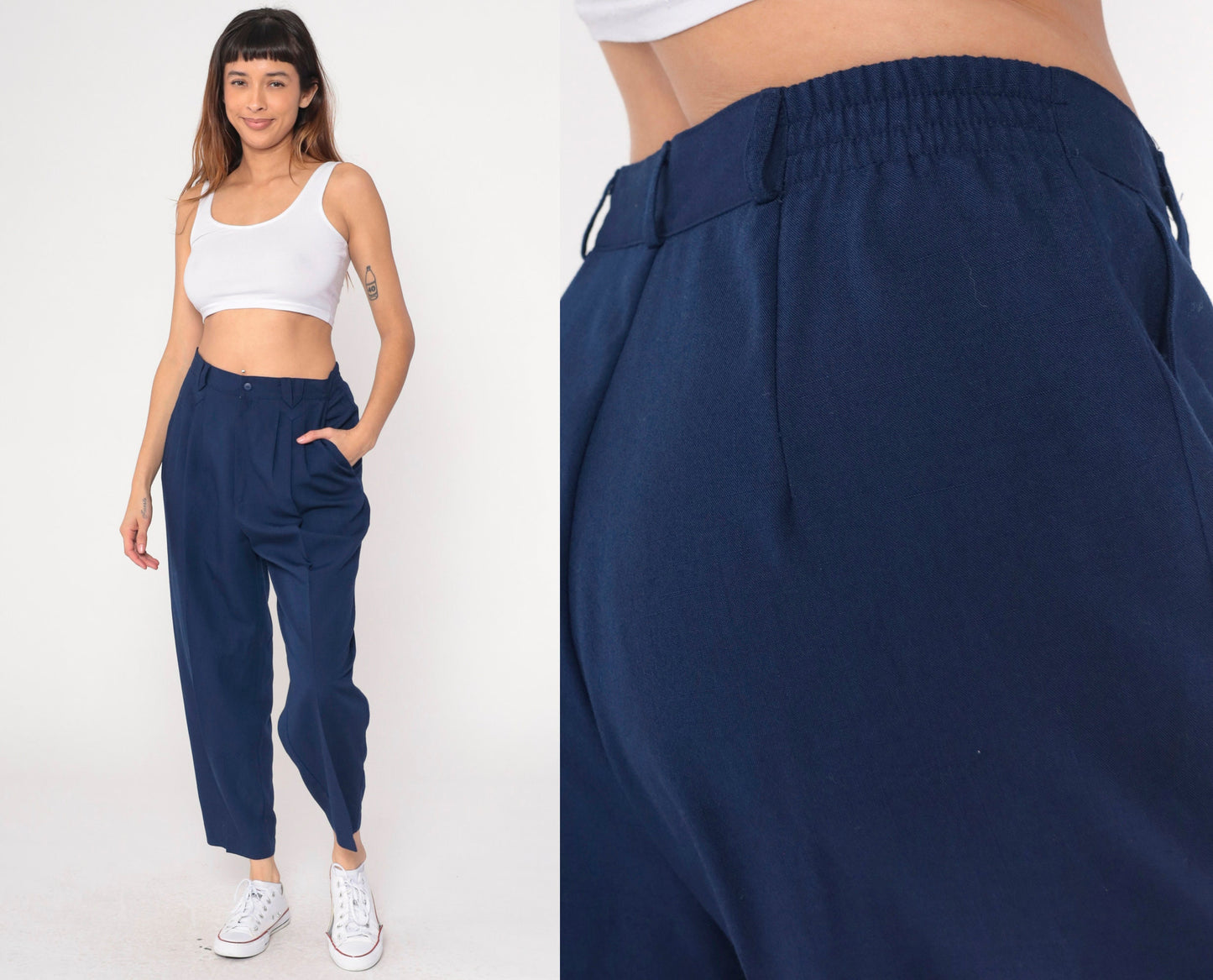 90s Navy Pleated High-Waist Tapered Trousers Medium Large Petite