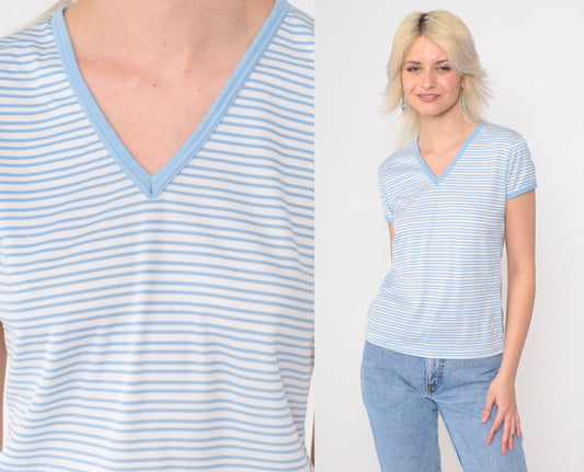 80s Blue White Striped V-Neck T-Shirt Single Stitch Ringer Tee Small