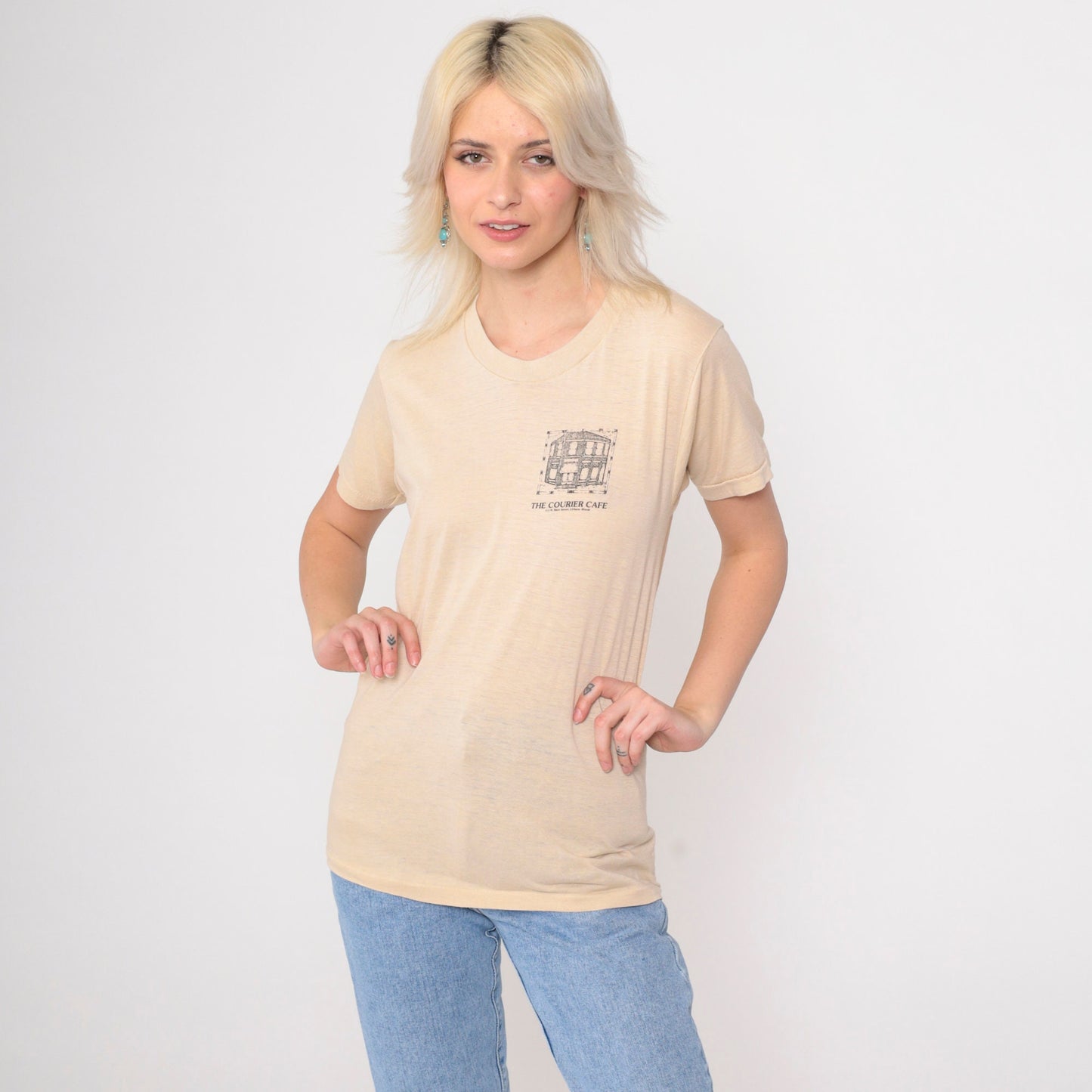 80s Courier Cafe Urbana Illinois Graphic T-Shirt Beige Single Stitch Extra Small