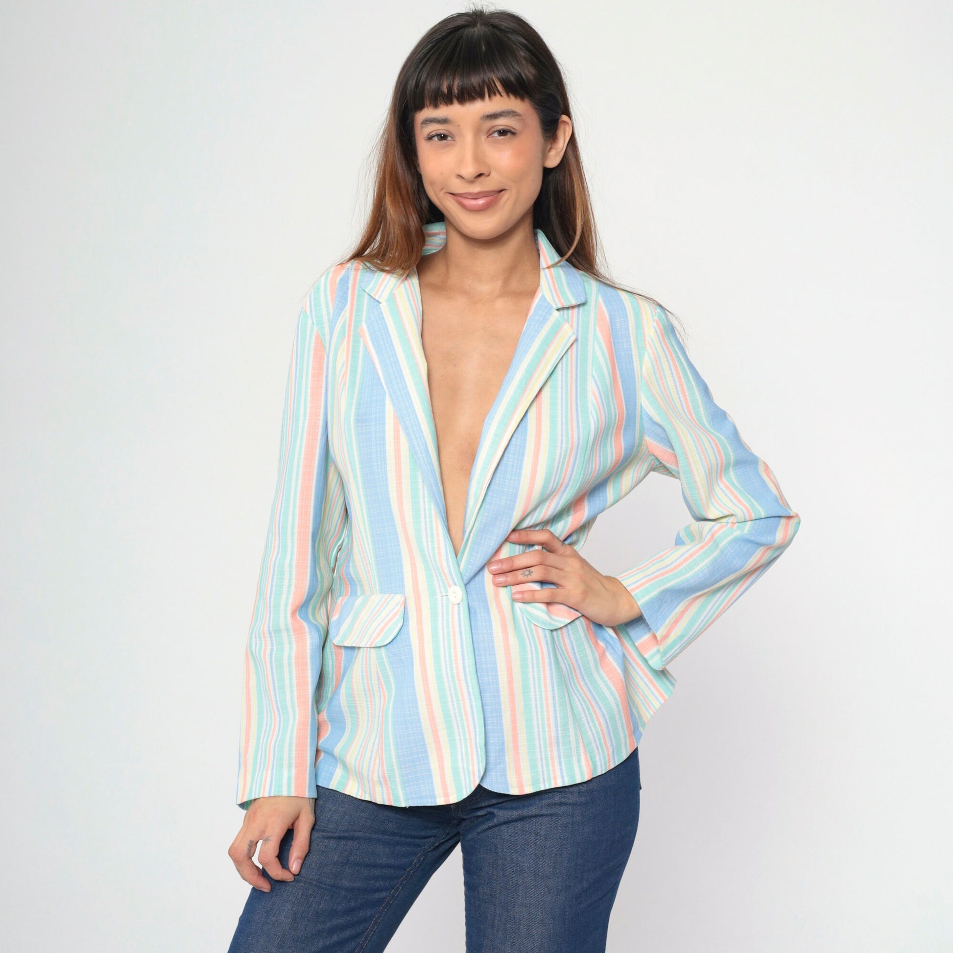 70s Beeline Fashions Pastel Striped Blazer Notched Collar Medium