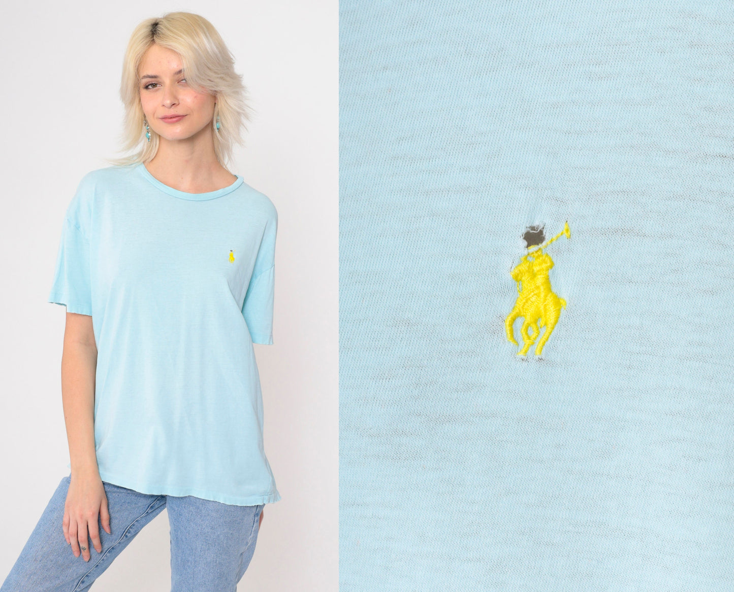 90s Polo Ralph Lauren T Shirt Baby Blue Distressed Logo Medium