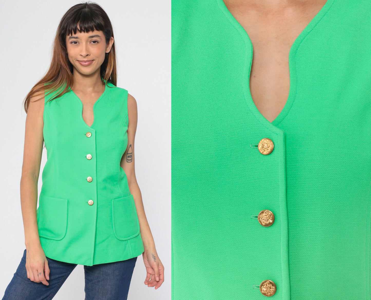 70s Lime Green Button-Up Tank Top Longline Pockets Small