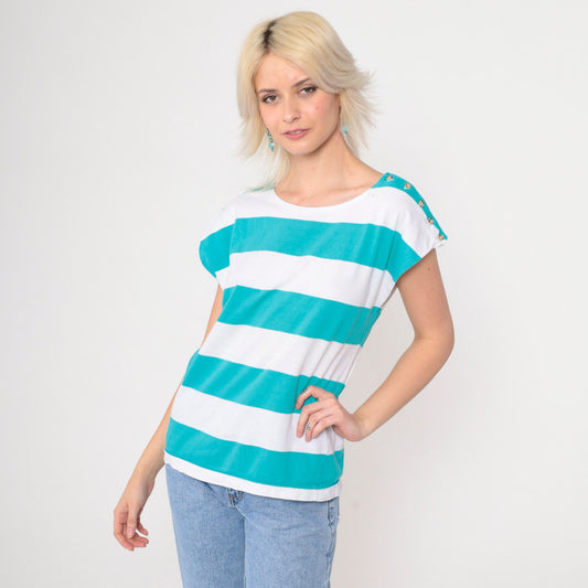 80s 90s Honors Striped Cap Sleeve T-Shirt Turquoise White Medium