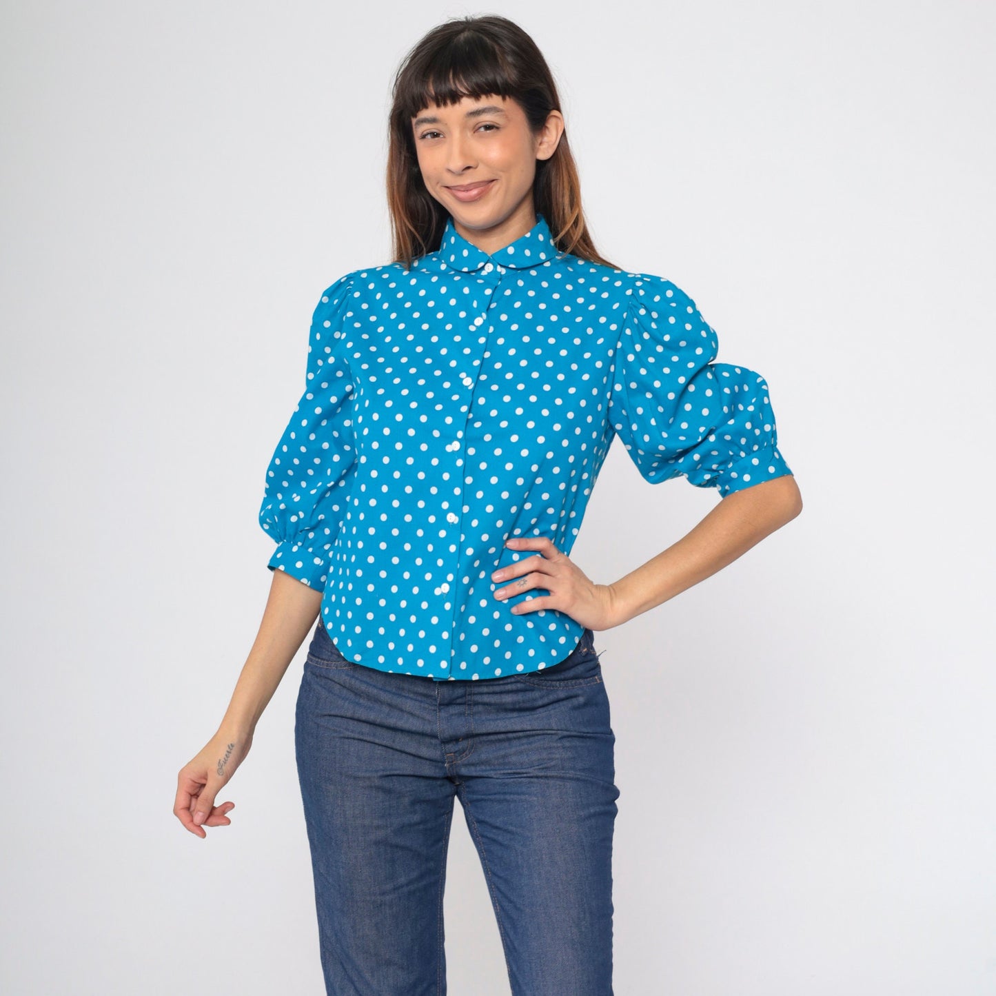 80s Bright Blue Polka Dot Puff Sleeve Button Up Blouse Small S