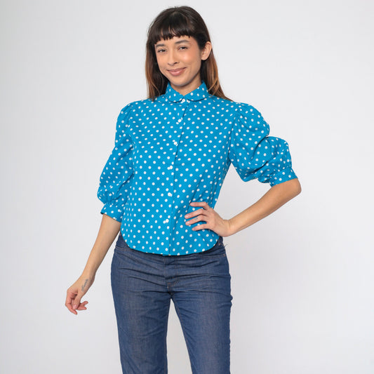 80s Bright Blue Polka Dot Puff Sleeve Button Up Blouse Small S