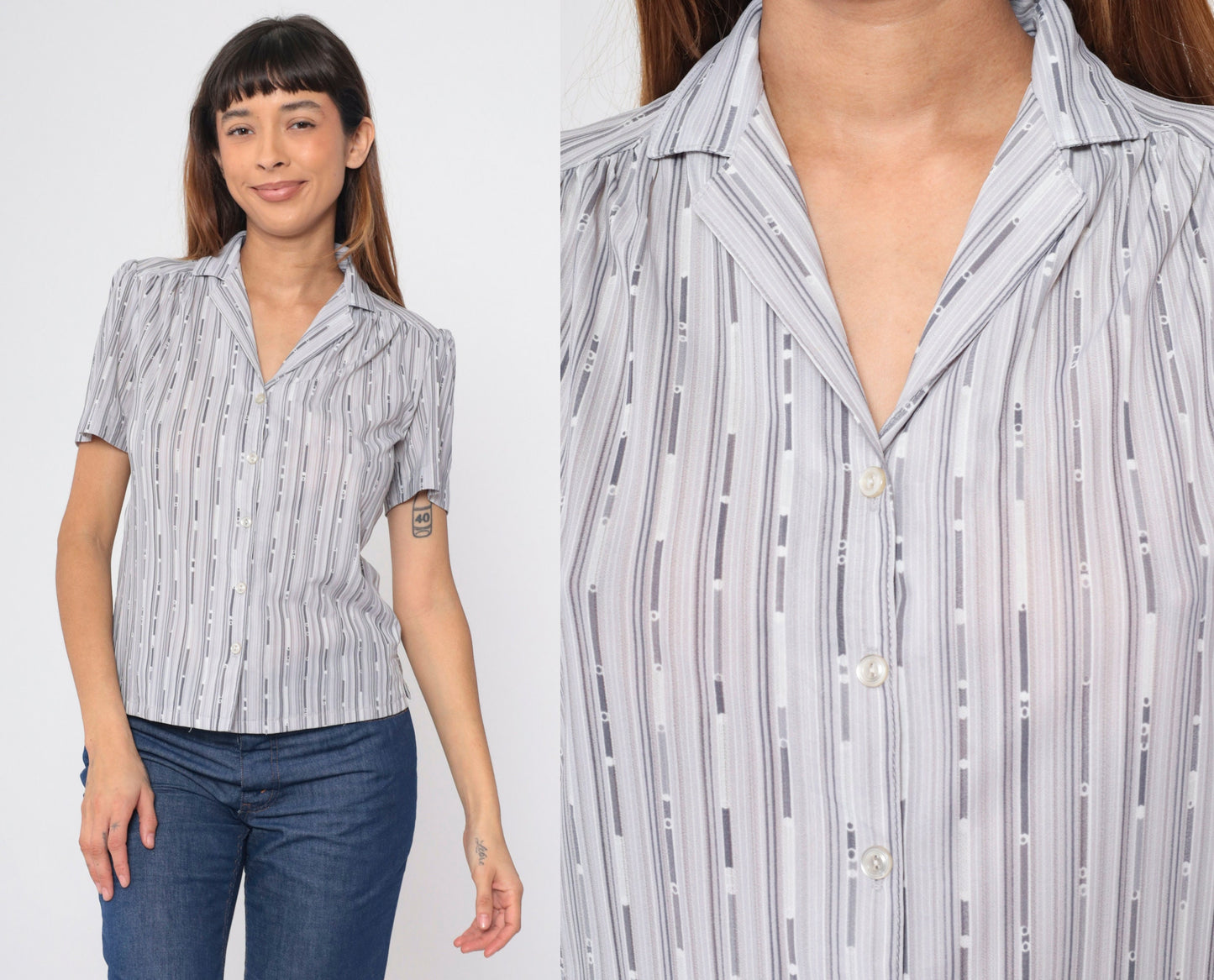 70s Puff Sleeve Button-Up Blouse Grey Broken Stripe Shirt Small S