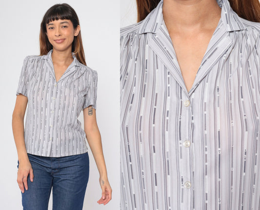 70s Puff Sleeve Button-Up Blouse Grey Broken Stripe Shirt Small S