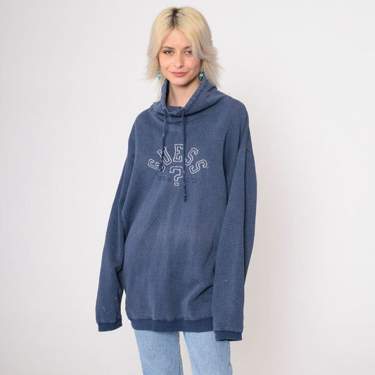 90s Guess Striped Blue Drawstring Cowl Neck Sweatshirt Large