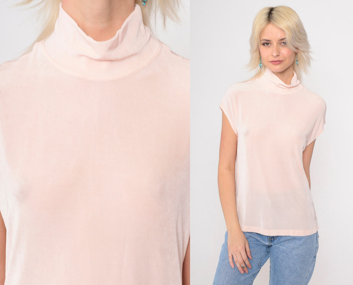 90s Coldwater Creek Mock Neck Top Baby Pink Cap Sleeve Medium M