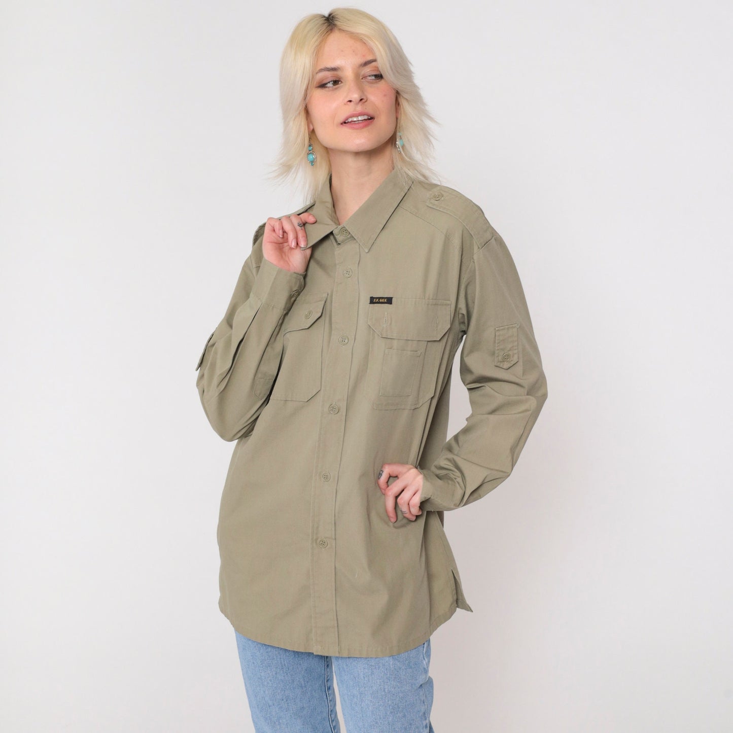 90s Utility Shirt Khaki Military Style Button Up Long Sleeve Medium