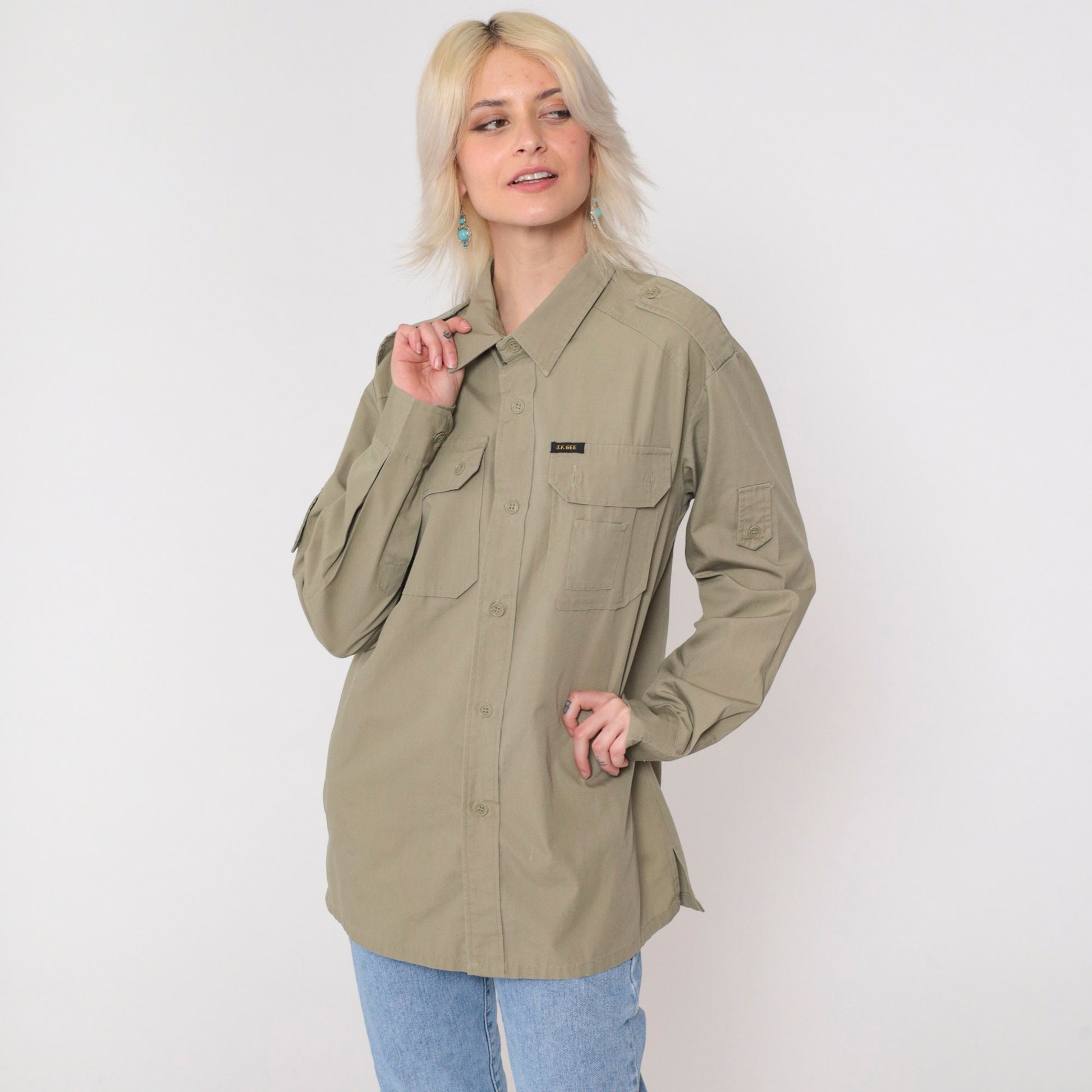 90s Utility Shirt Khaki Military Style Button Up Long Sleeve Medium