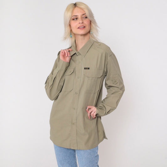 90s Utility Shirt Khaki Military Style Button Up Long Sleeve Medium