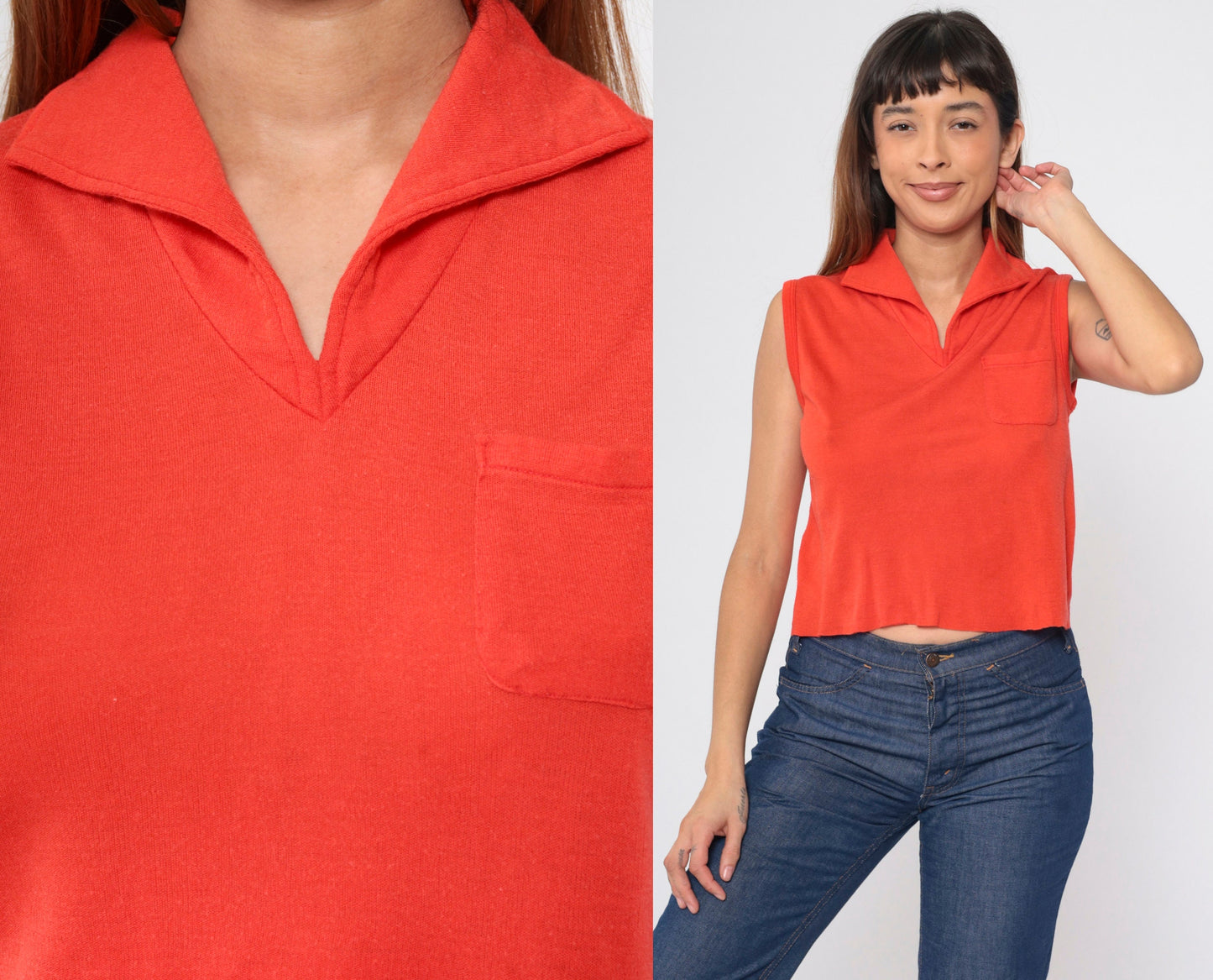 70s Crop Top Bright Red V-Neck Collared Sleeveless Shirt Small