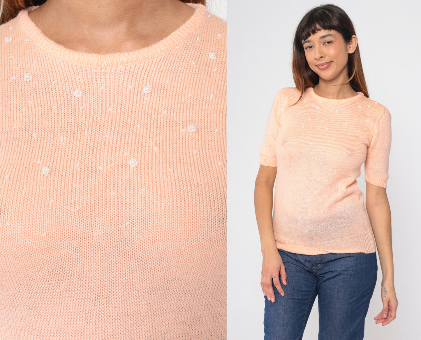 80s Peach Knit Top Beaded Neckline Short Sleeve Blouse Small