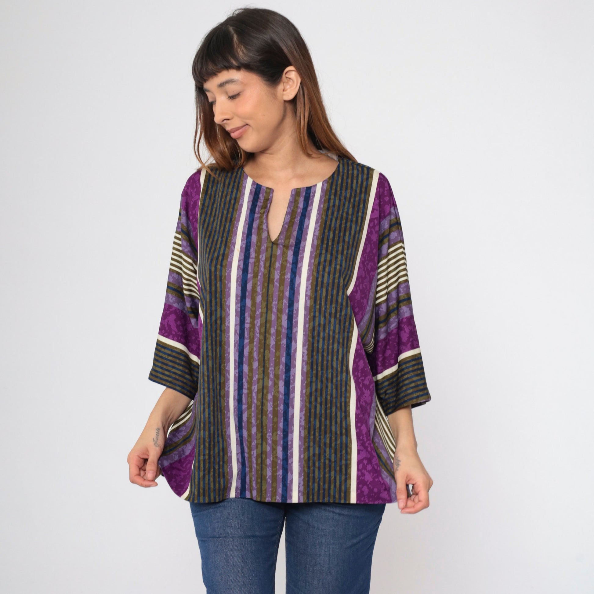 80s Top Notch Striped Tunic Purple Blue Olive 3/4 Sleeve Plus Size XXL