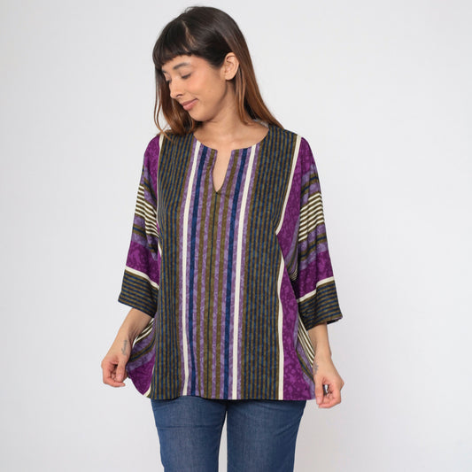 80s Top Notch Striped Tunic Purple Blue Olive 3/4 Sleeve Plus Size XXL