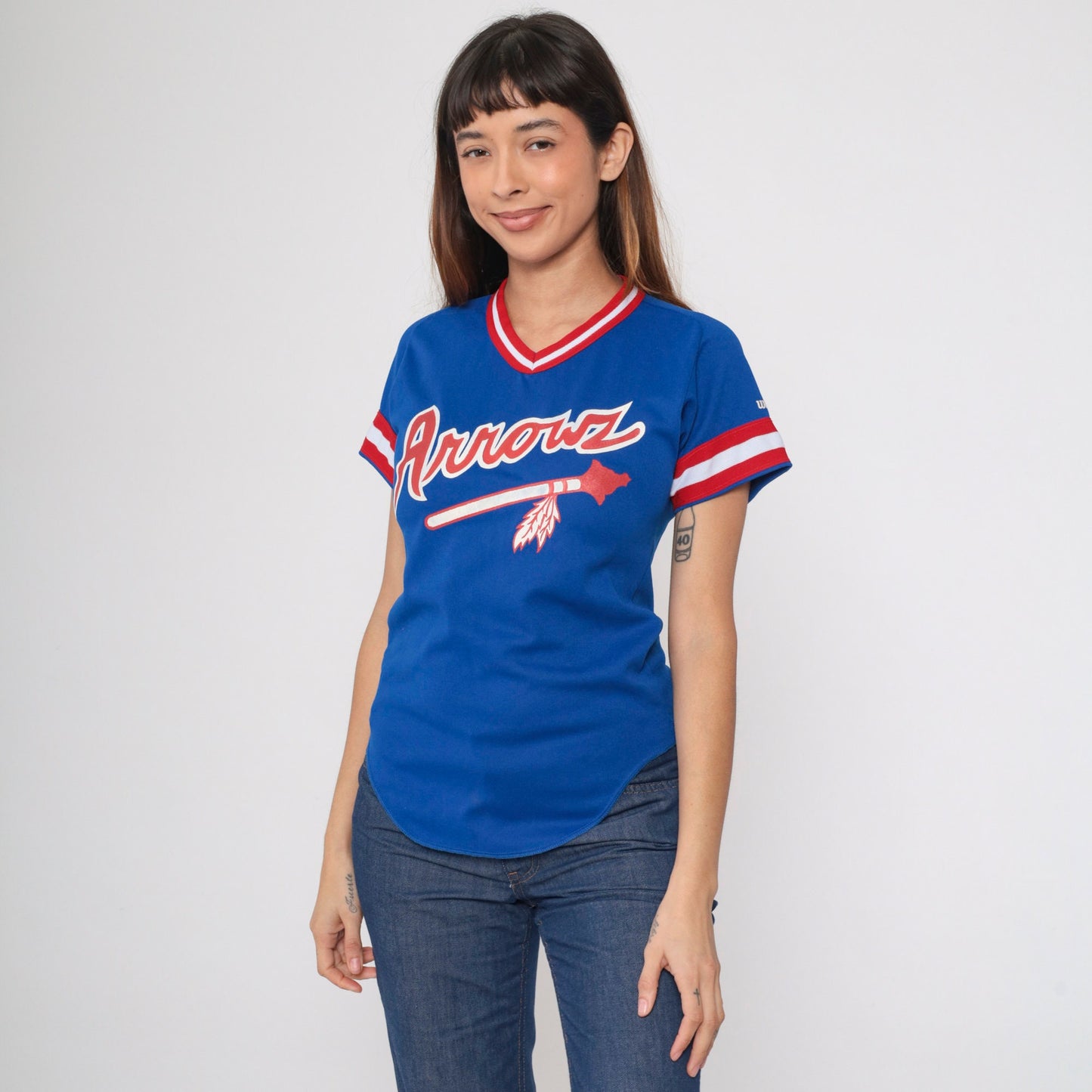 80s Wilson Arrows Baseball Jersey #24 Blue Red White Striped Ringer Youth Medium