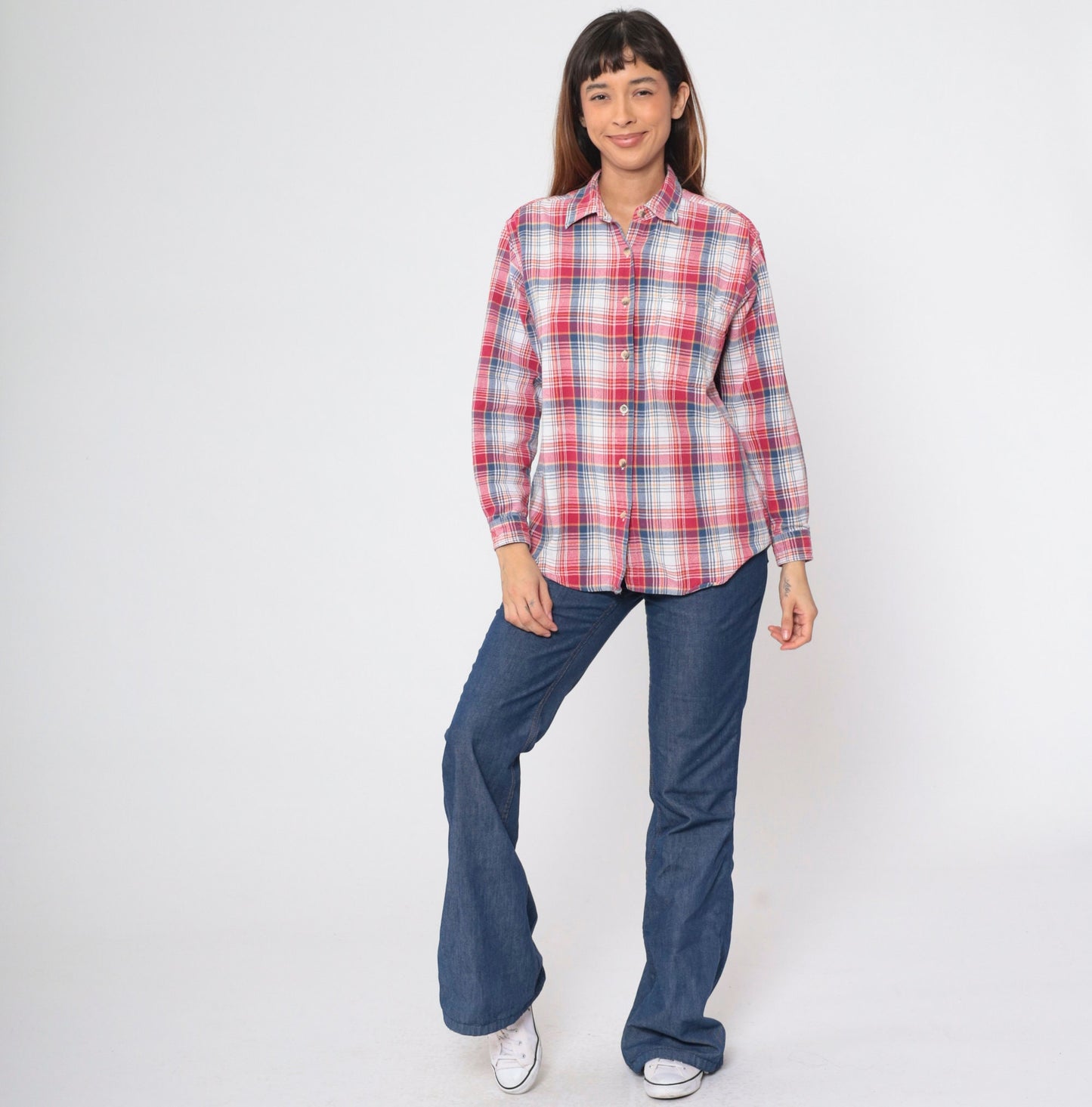 90s Plaid Button-Up Shirt Red White Blue Checkered Long Sleeve Large L