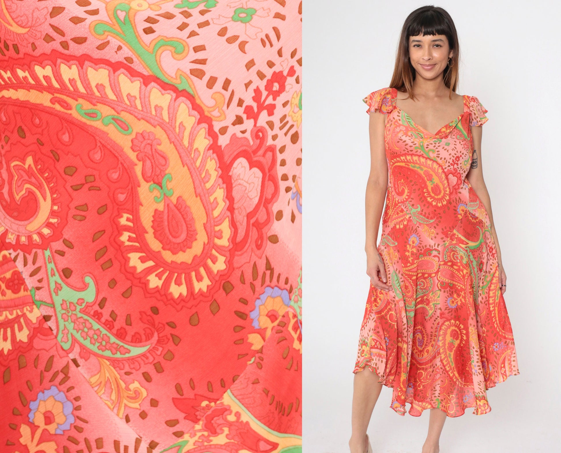 Y2K Paisley Midi Dress Coral Pink Flutter Sleeve Cowl Neck Large 14