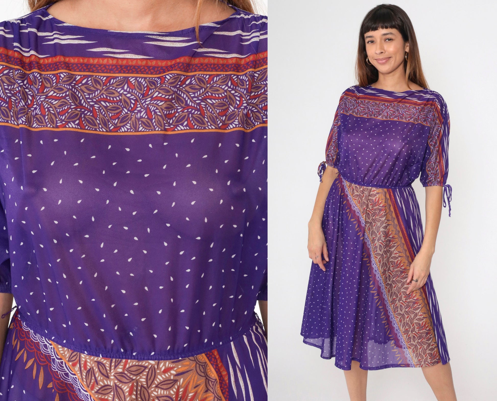70s Purple Leaf Print Midi Dress Dolman Tie Sleeves Elastic Waist Small Medium