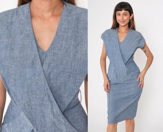 80s Blue Criss-Cross Wrap Midi Dress V-Neck Short Sleeve Small S