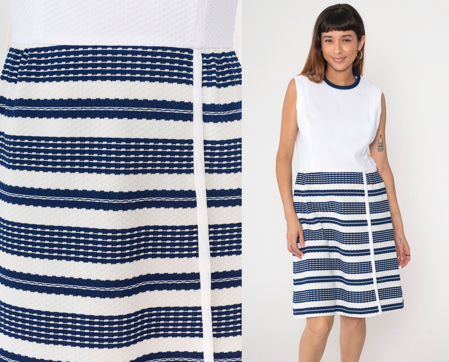 60s Kay Windsor Striped A-Line Dress Navy White Knee-Length Sleeveless Medium