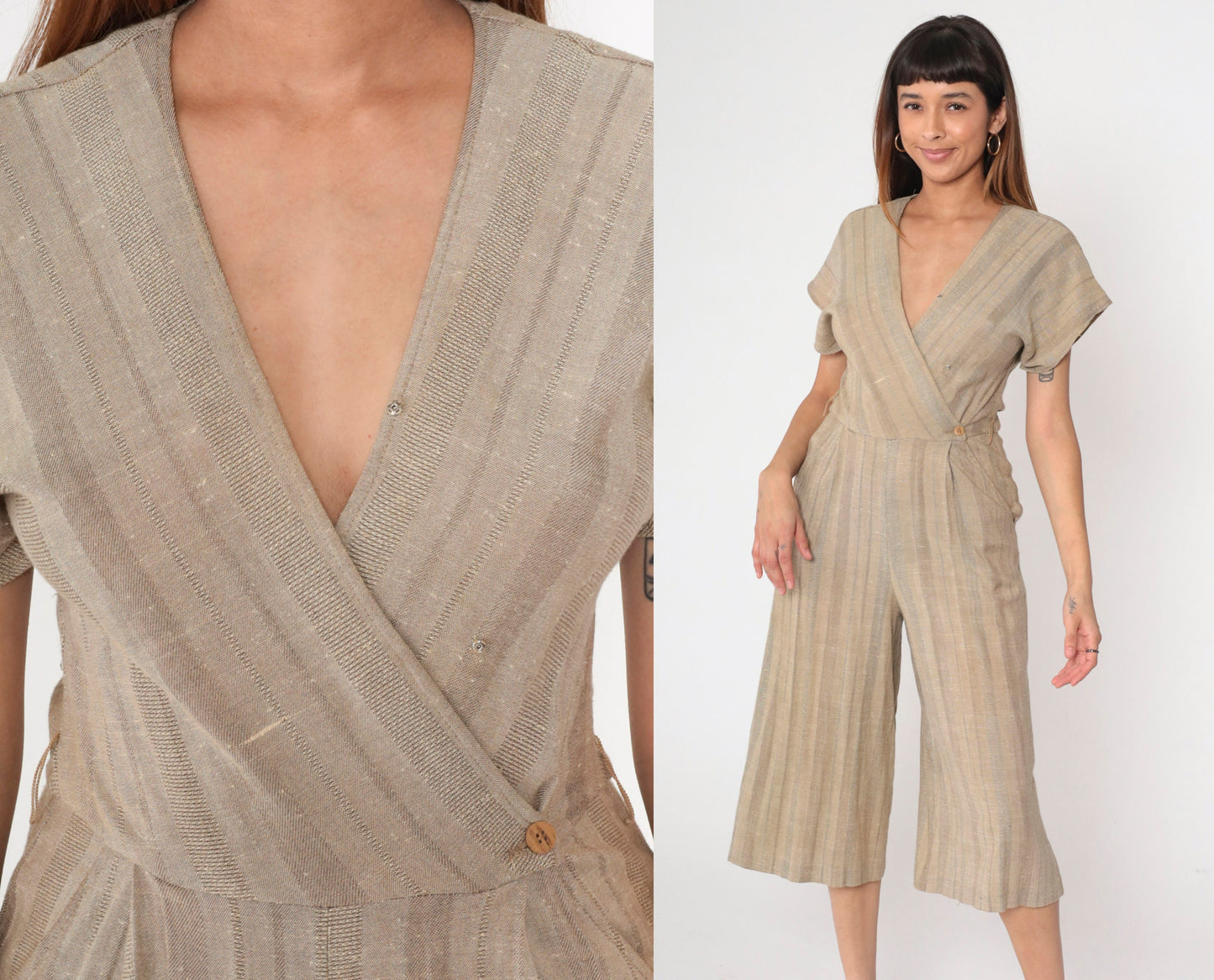 80s Pantasia Taupe Striped Wrap Jumpsuit Wide Leg V-Neck Small