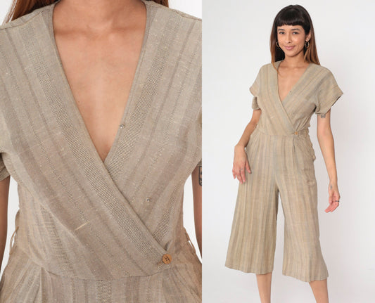 80s Pantasia Taupe Striped Wrap Jumpsuit Wide Leg V-Neck Small