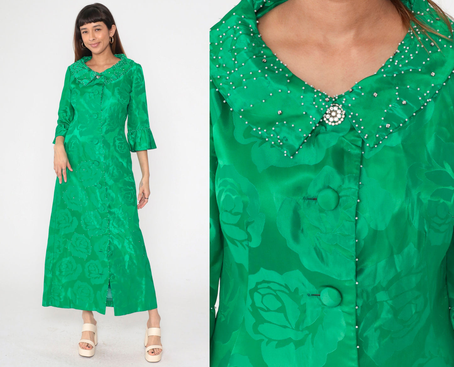 60s Alice of California Green Jacquard Floral Maxi Dress Pearl Beaded Peter Pan Collar Small