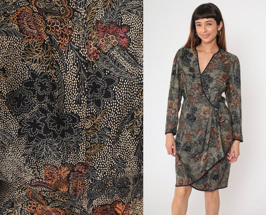 90s Silk Wrap Dress Floral Print V-Neck Long Sleeve Knee Length Black Medium