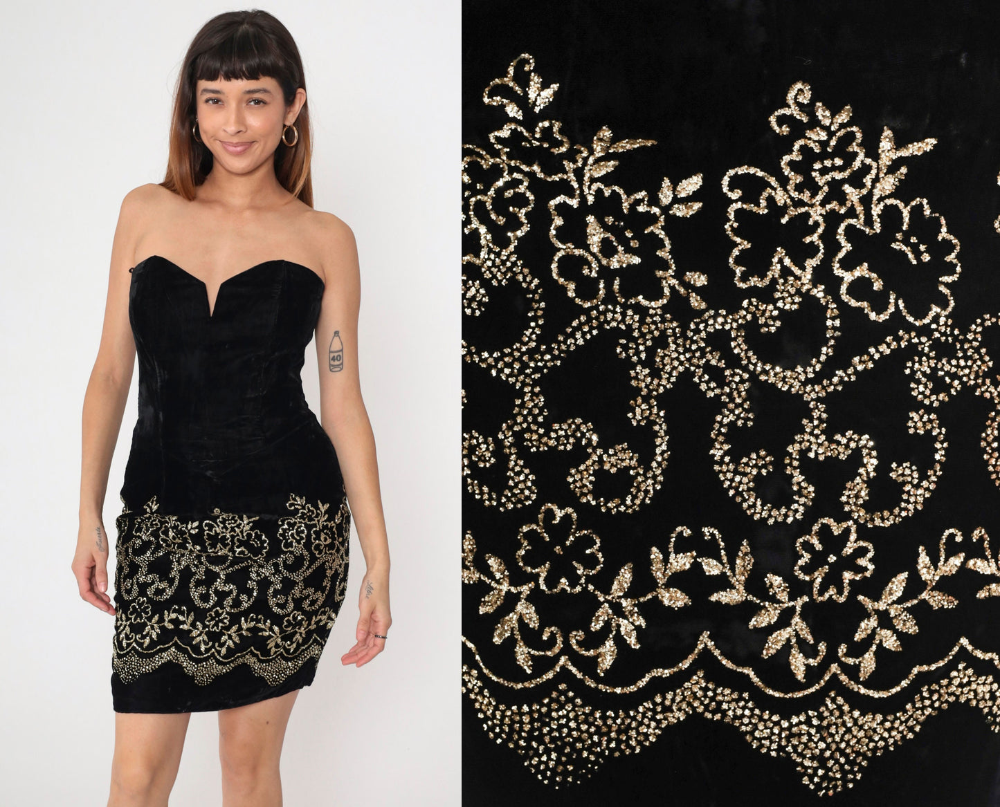 80s Scott McClintock Black Velvet Mini Dress Strapless Sweetheart Neckline Gold Floral Medium