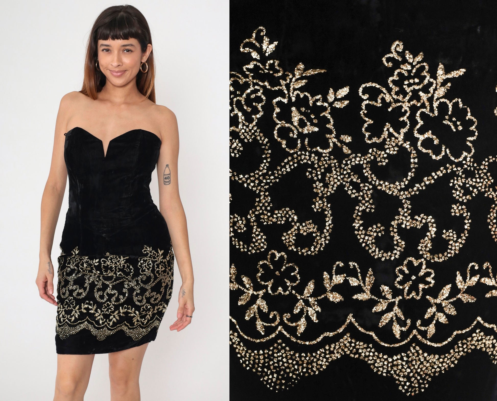 80s Scott McClintock Black Velvet Mini Dress Strapless Sweetheart Neckline Gold Floral Medium