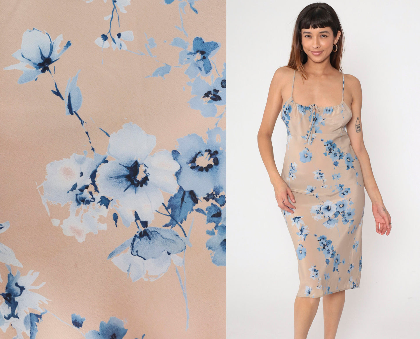 Y2K Charlotte Russe Floral Midi Sundress Taupe Blue Empire Waist Small