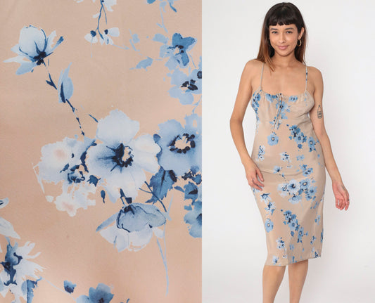 Y2K Charlotte Russe Floral Midi Sundress Taupe Blue Empire Waist Small