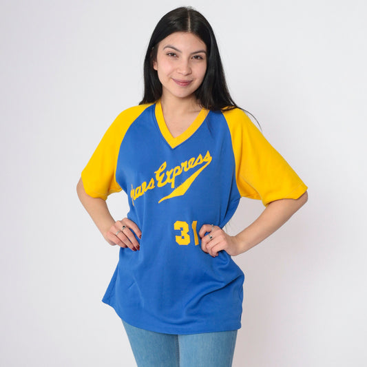 70s Trans Express Steve 31 Baseball Ringer Tee V-Neck Raglan Yellow Blue Medium