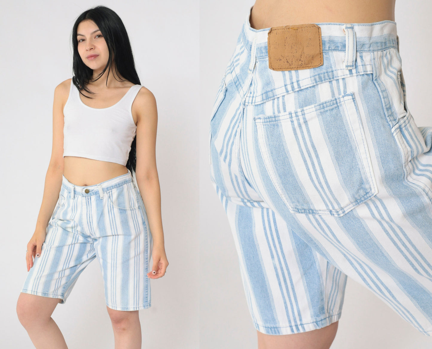 90s Wrangler Striped Denim Shorts High Waist Light Blue White Medium 31