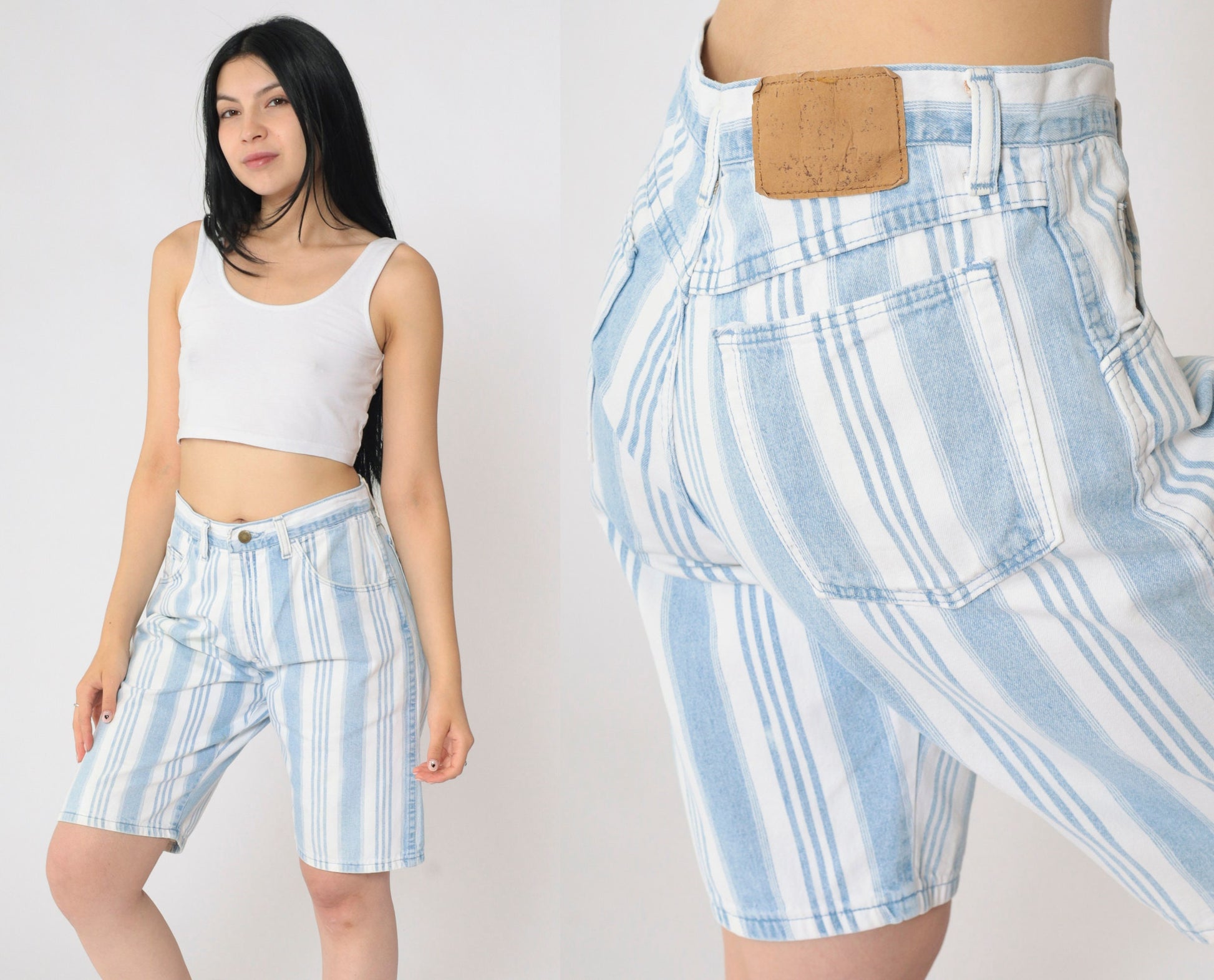 90s Wrangler Striped Denim Shorts High Waist Light Blue White Medium 31